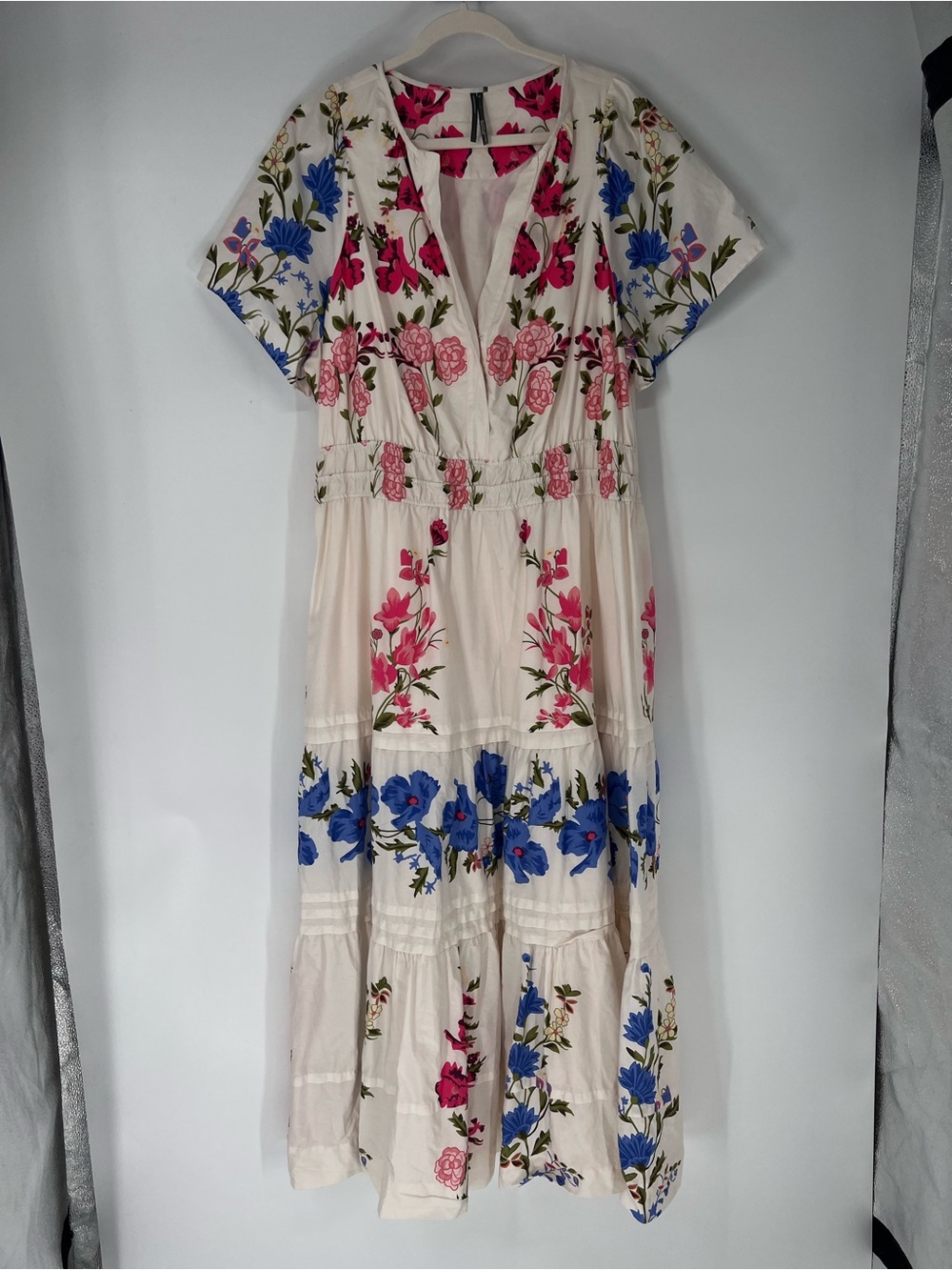 Anthropologie Somerset Cream Flutter Maxi Dress with Pink & Blue Floral Print LP